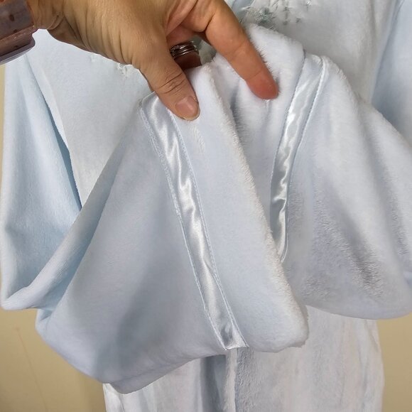 Miss Elaine Soft Blue Snap-Front Plush Robe Sz XL Satin Trim Pockets Grannycore - Picture 7 of 12